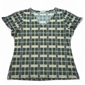 Calvin Klein Olive Plaid V-Neck Blouse – Size XL – Business Casual